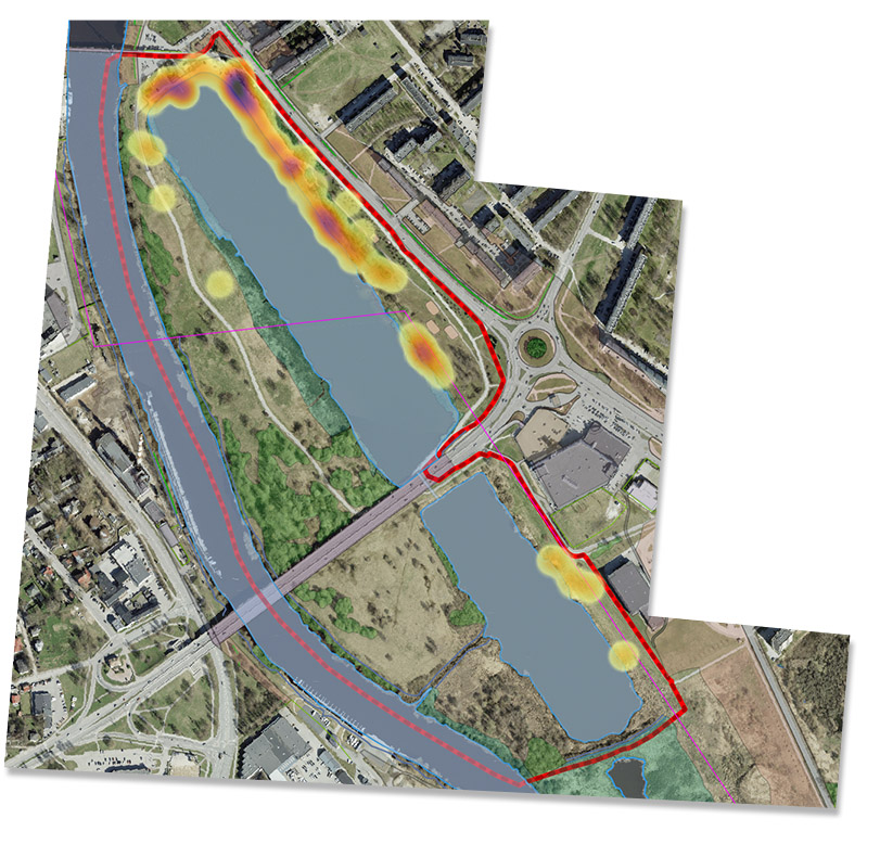 A map image showing 'hotspots' of activity in red and yellow colours