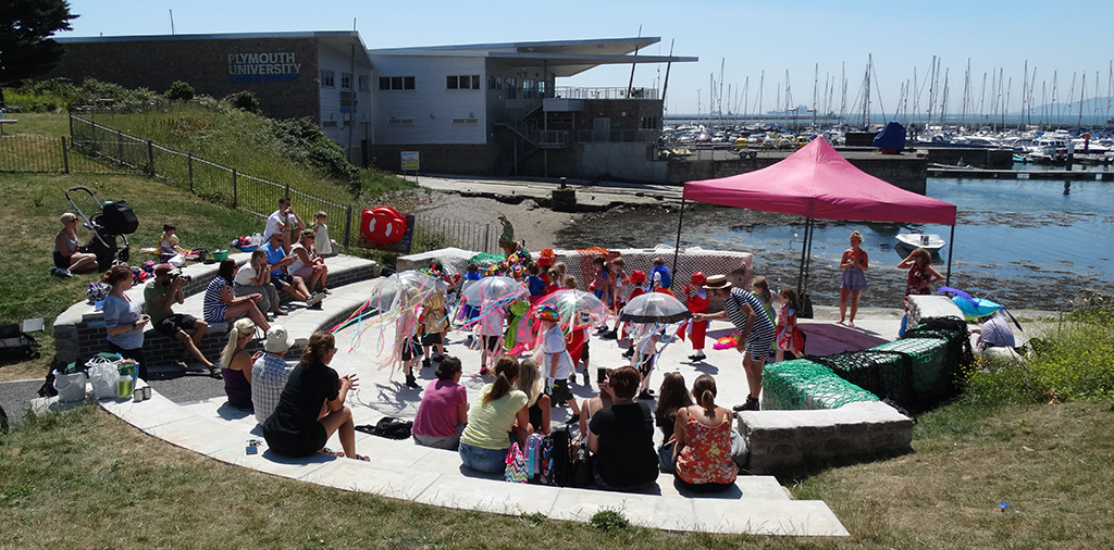 Children play in the new amphitheatre at our Plymouth study site